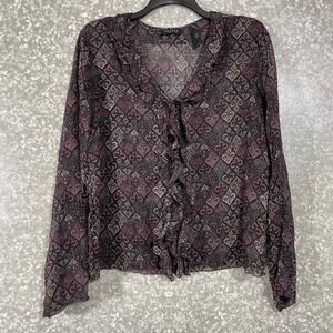 Axcess Purple Paisley Semi Sheer Ruffle Front Blouse - Size 12 - Long Sleeve Top